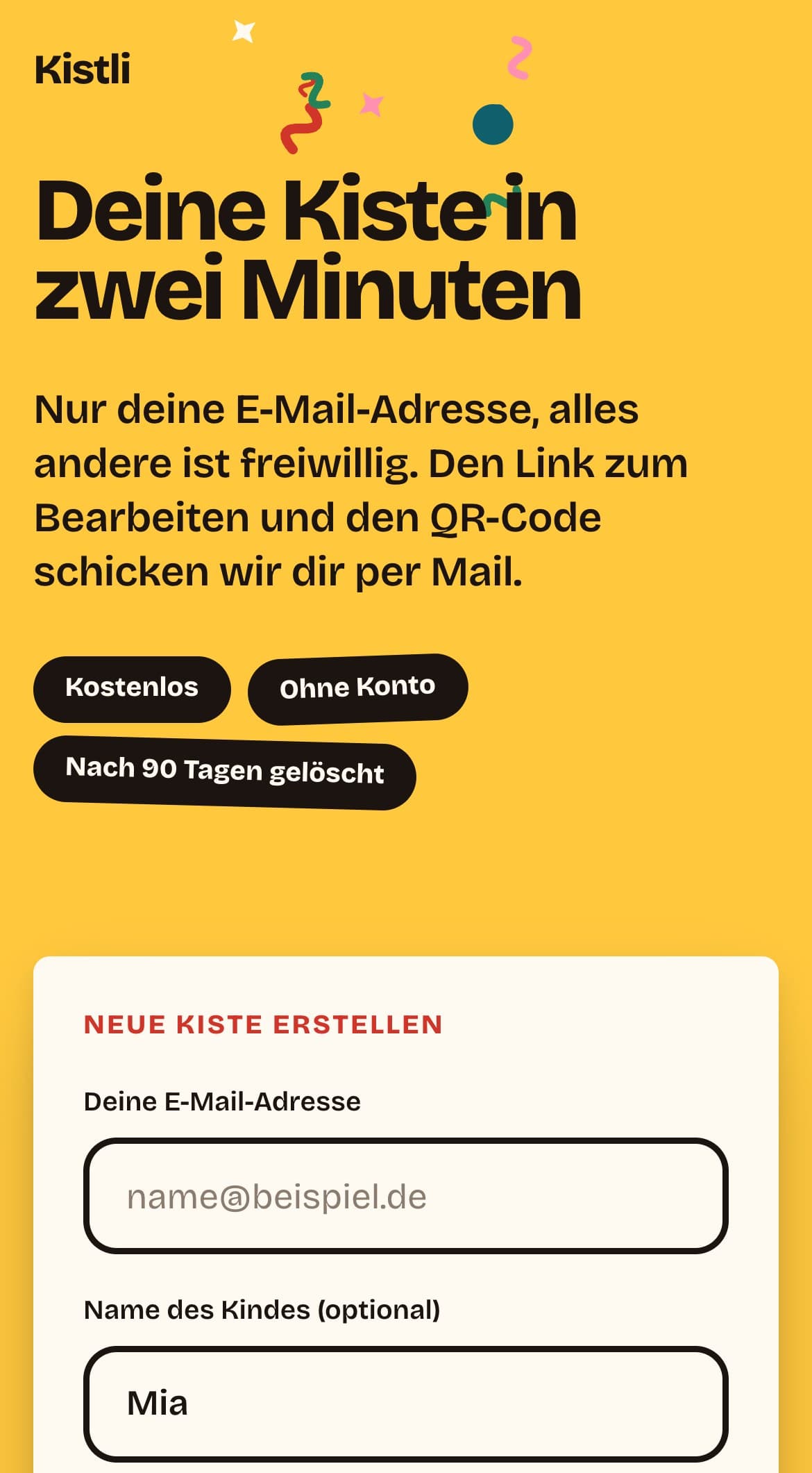 Kistli auf dem Handy: neue Kiste anlegen