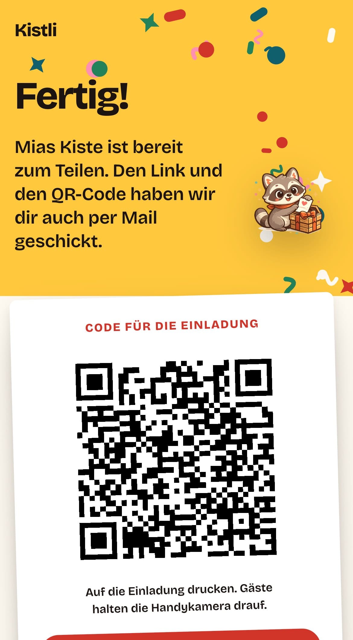 Kistli auf dem Handy: QR-Code und Link zum Teilen