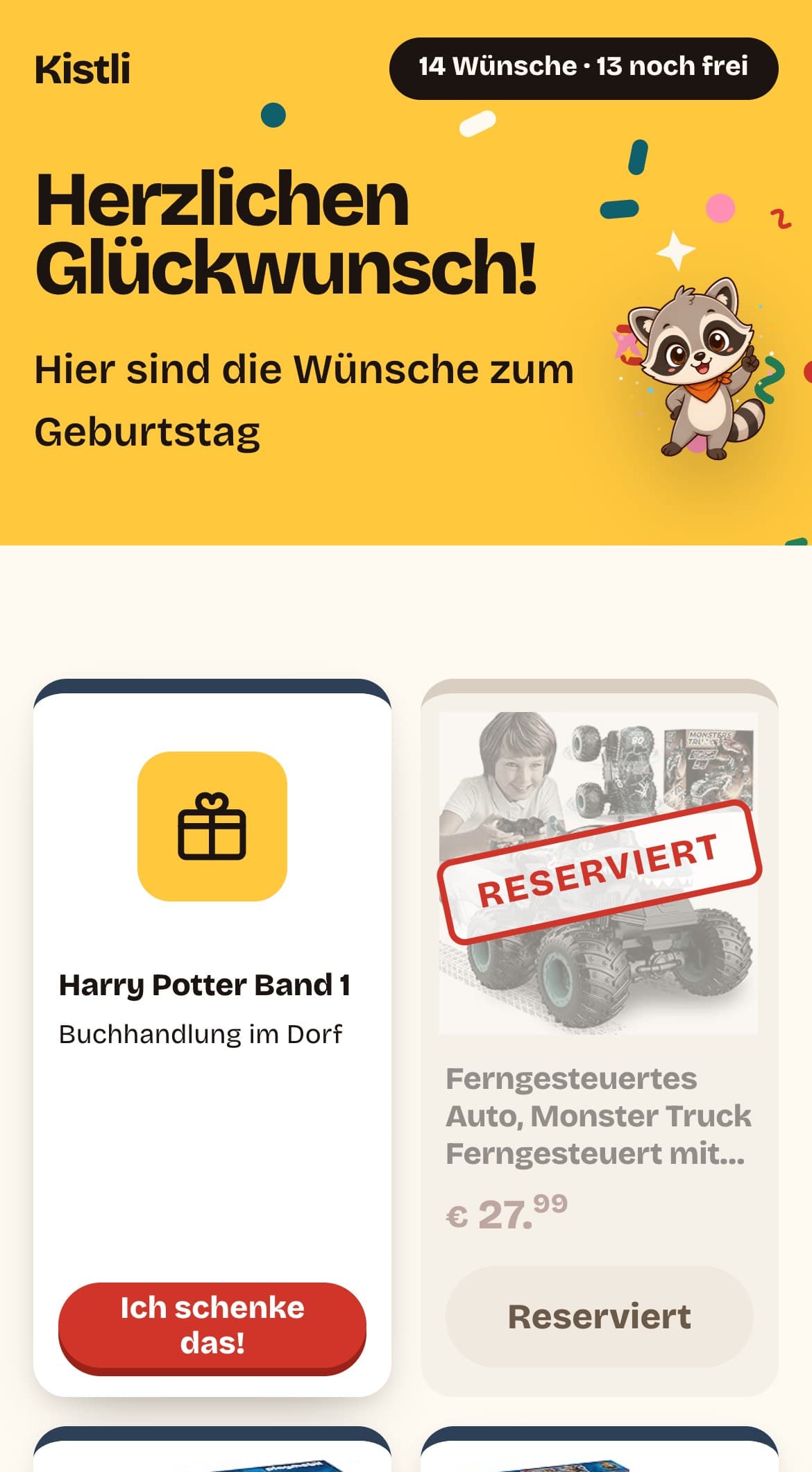 Kistli auf dem Handy: die Gäste-Ansicht mit einem reservierten Geschenk