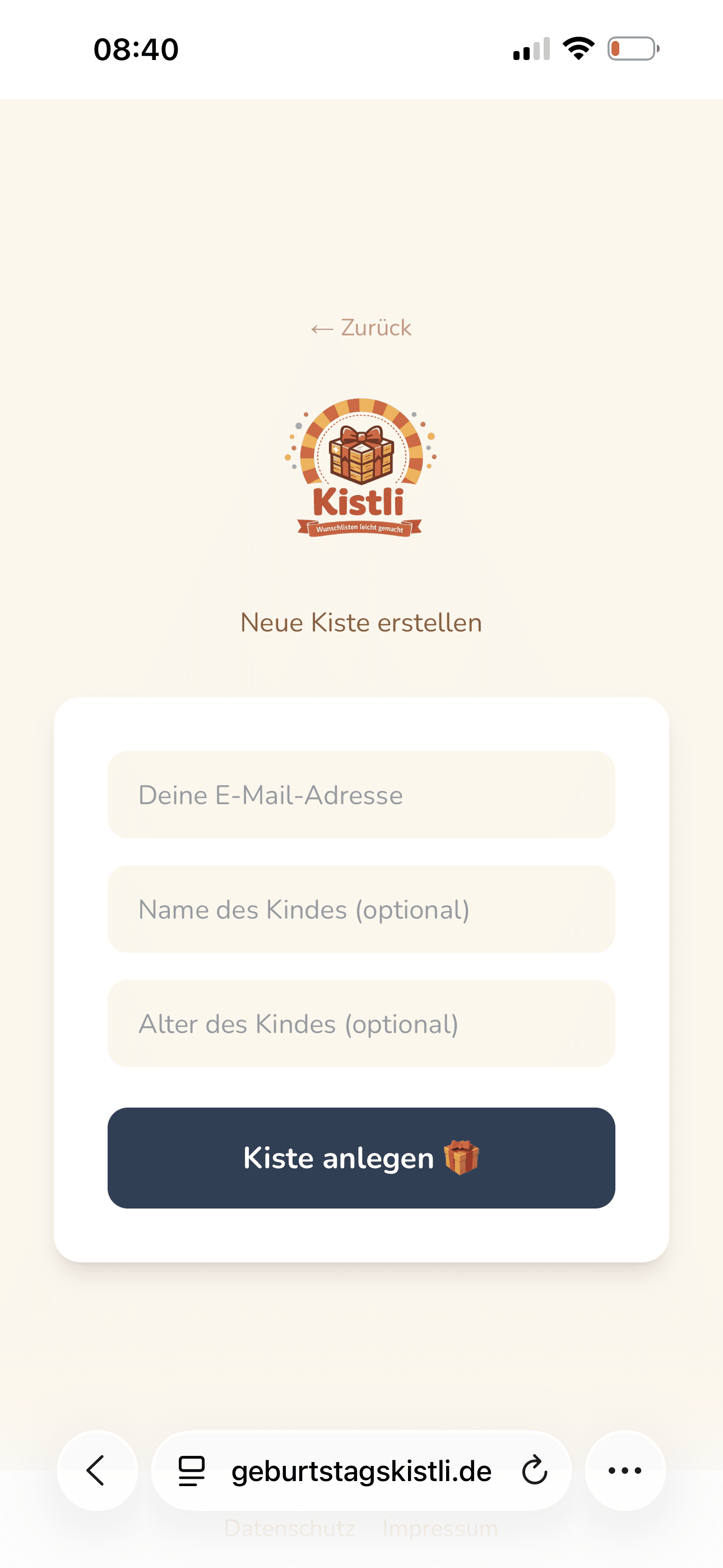Screenshot: Kiste erstellen mit Name, Alter und Geburtstag