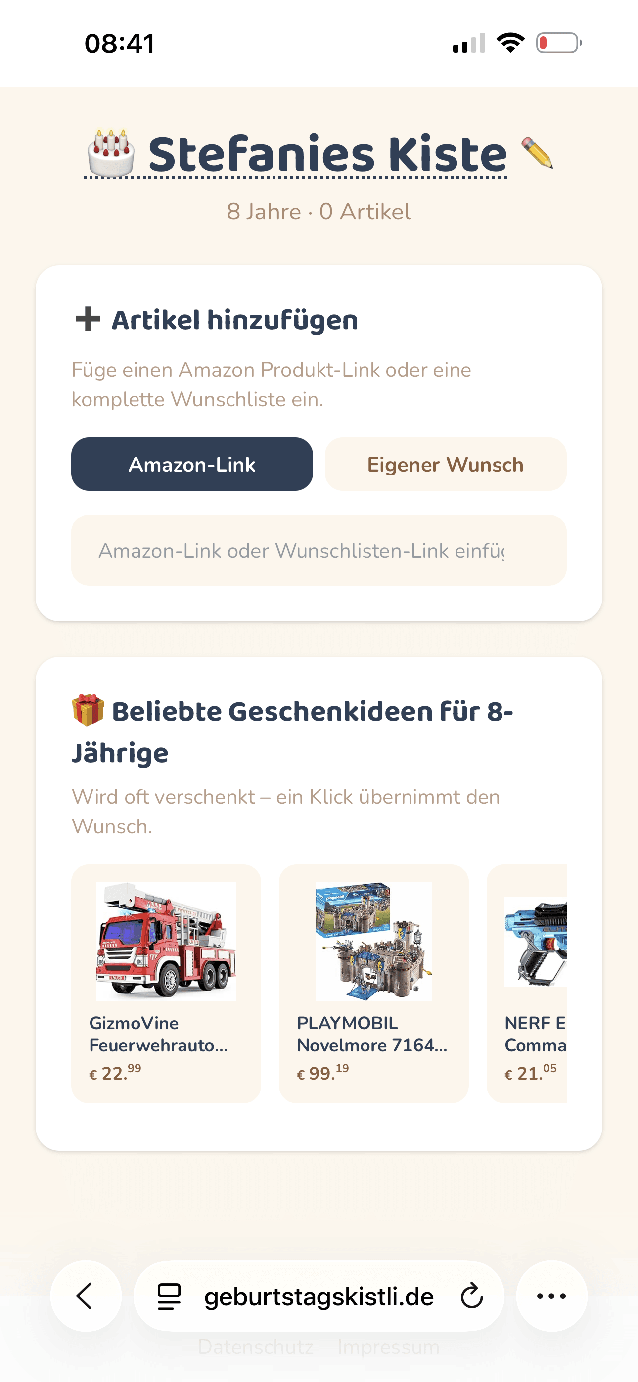 Screenshot: Wünsche mit Amazon-Link oder Freitext hinzufügen
